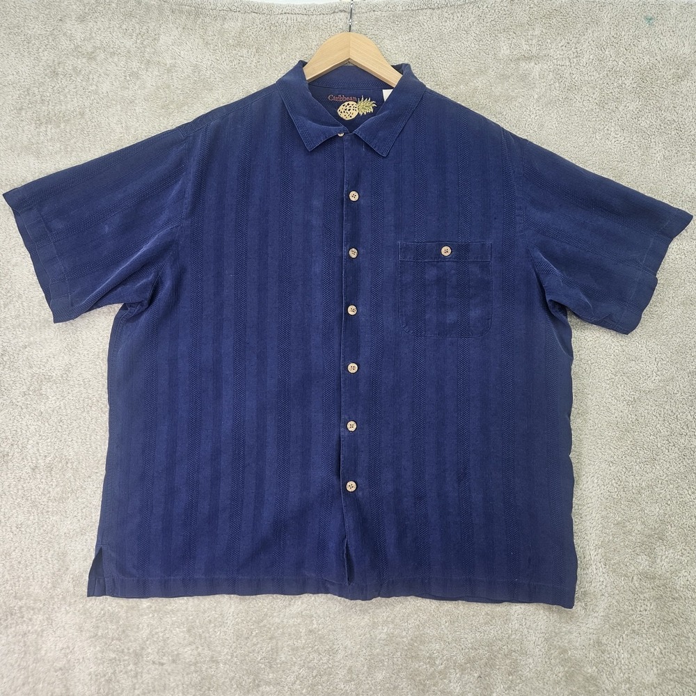 Caribbean 100% Silk Camp Shirt Mens XL Blue Textured Stripe Resort Casual Summer